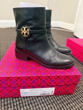 Tory Burch Black Leather Mid-Calf Boots with Gold Logo